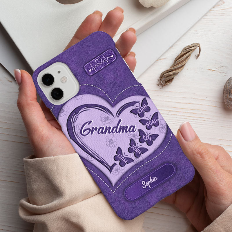 Leather Heart Butterflies Grandma Kids Names Personalized Phone Case