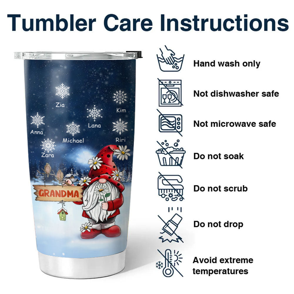 Christmas Gnome Snowflake Grandma Kids Names Personalized Tumbler