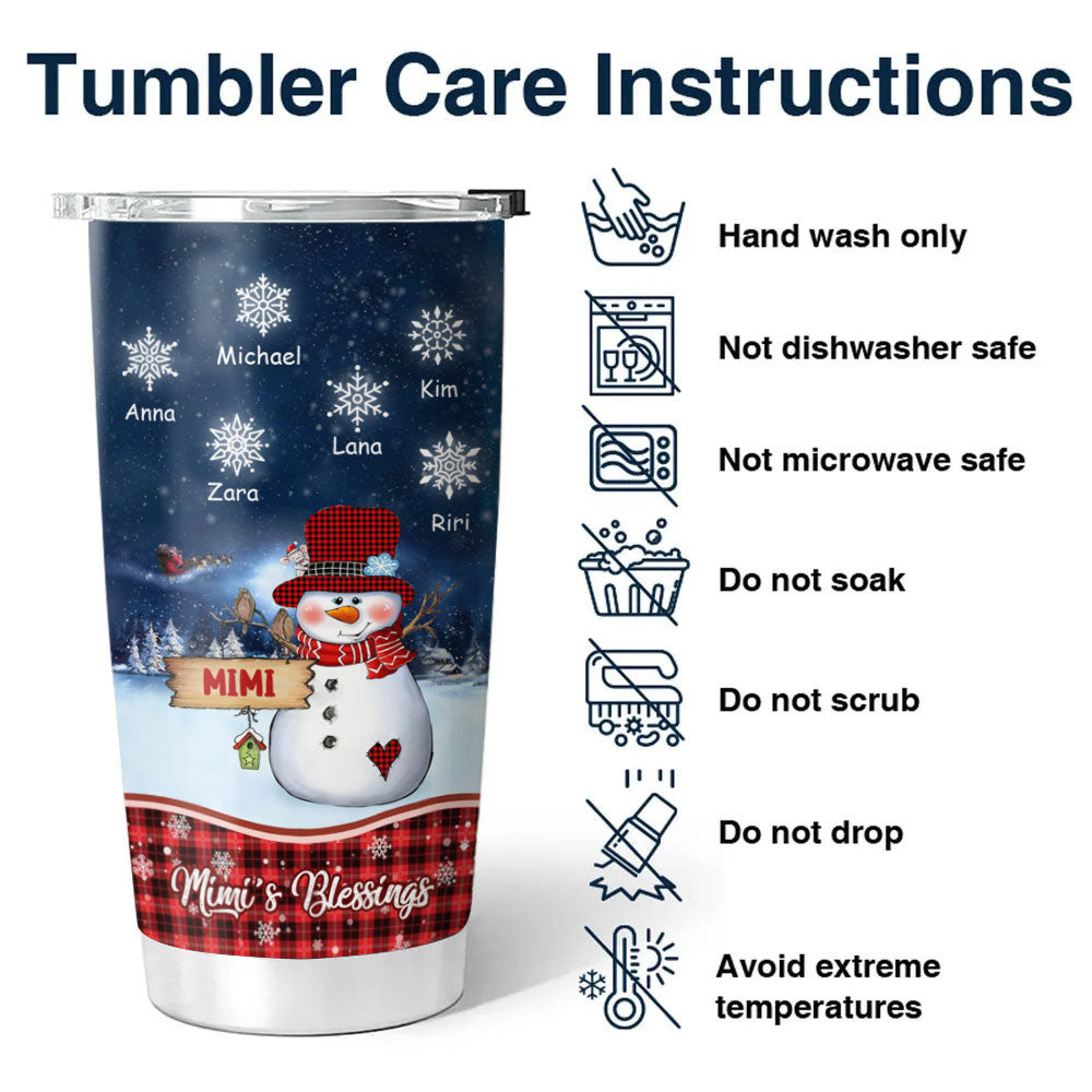 Christmas Snowman Grandma's Blessings Snowflake Kids Names Personalized Tumbler