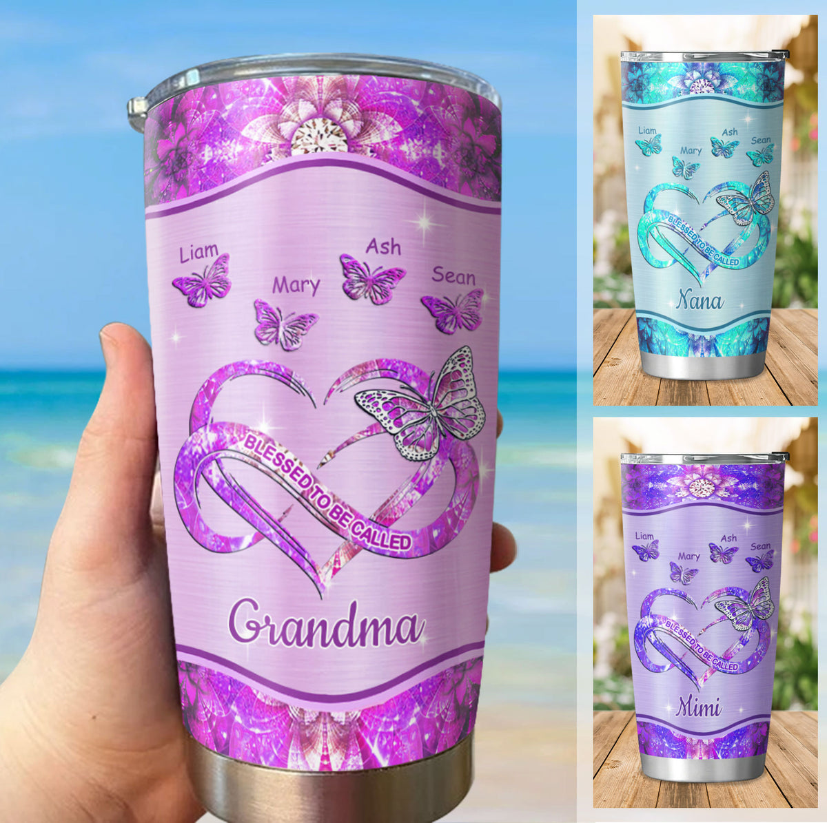 Butterfly Blessed to be called Grandma Mimi Nana Mommy Auntie Personalized Tumbler SC51245 - Drive mockup HP08DEC23HL01
