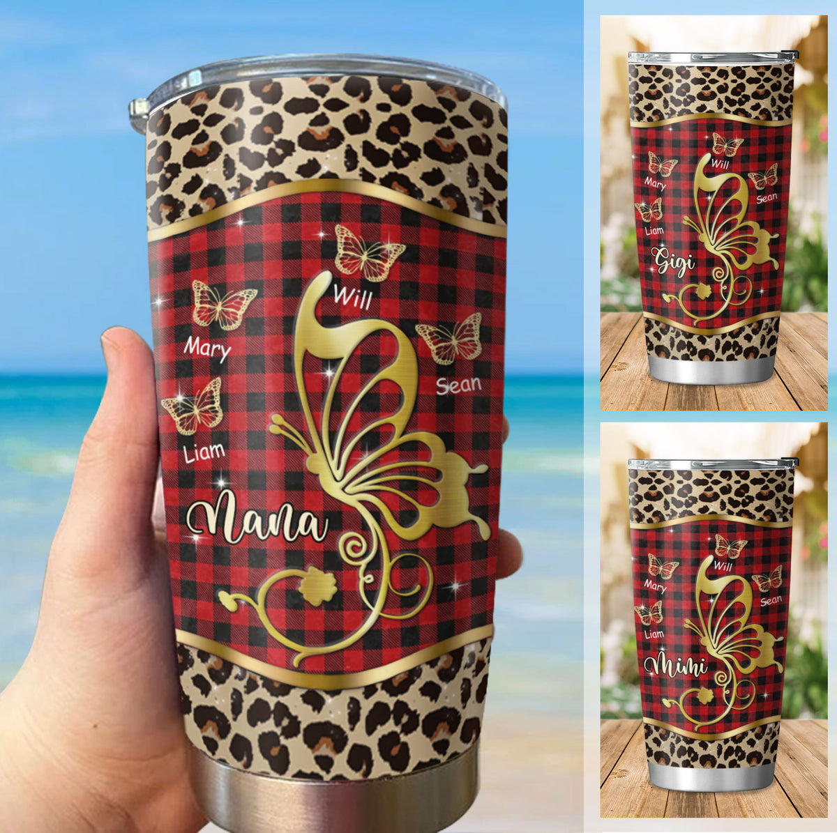 Butterfly Grandma Kids Names Purple Hologram Or Leopard Plaid Personalized Tumbler