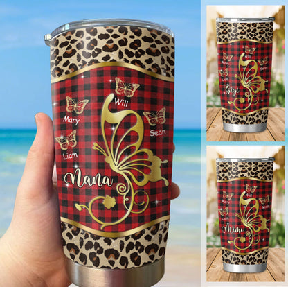 Butterfly Grandma Kids Names Purple Hologram Or Leopard Plaid Personalized Tumbler