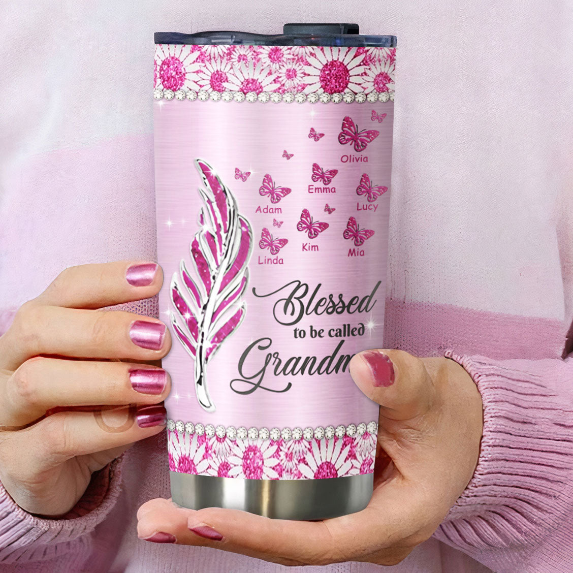 Feather Butterfly Blessed To Be Called Grandma Nickname Kids Names Personalized Tumbler 20 Colors 20oz