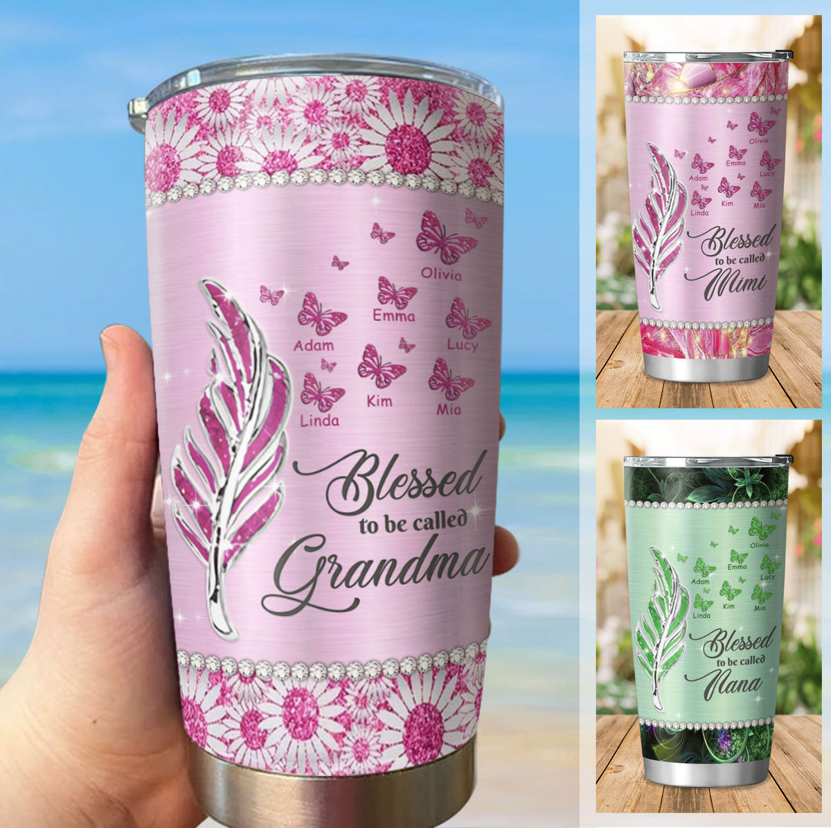 Feather Butterfly Blessed To Be Called Grandma Nickname Kids Names Personalized Tumbler 20 Colors 20oz