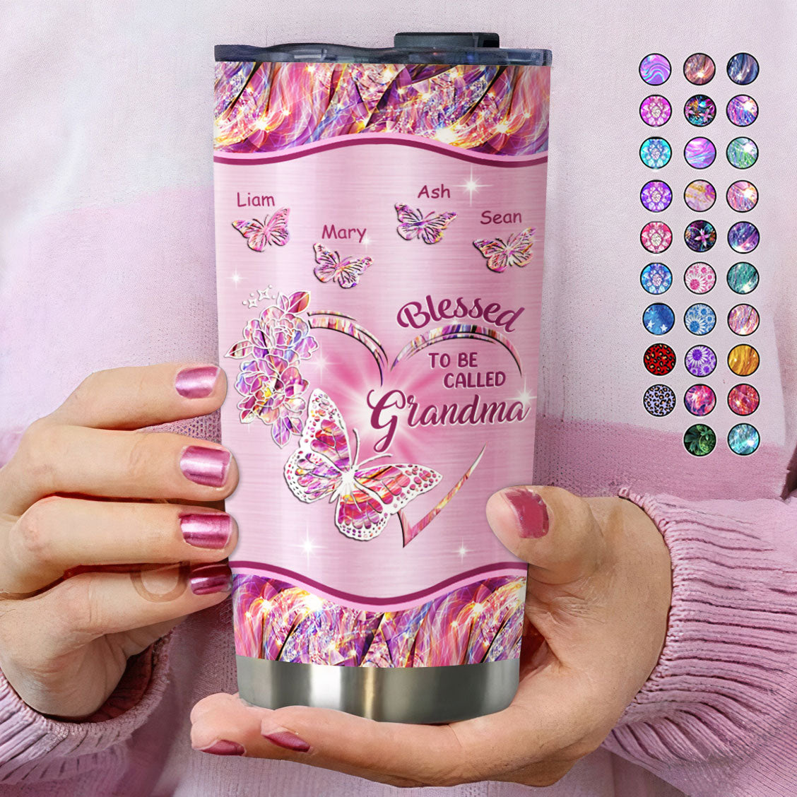 Blessed To Be Called Heart Butterfly Grandma Kids Names Personalized Tumbler 7 Colors 20oz