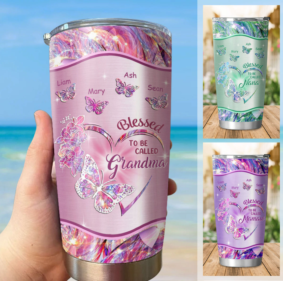 Blessed To Be Called Heart Butterfly Grandma Kids Names Personalized Tumbler 7 Colors 20oz