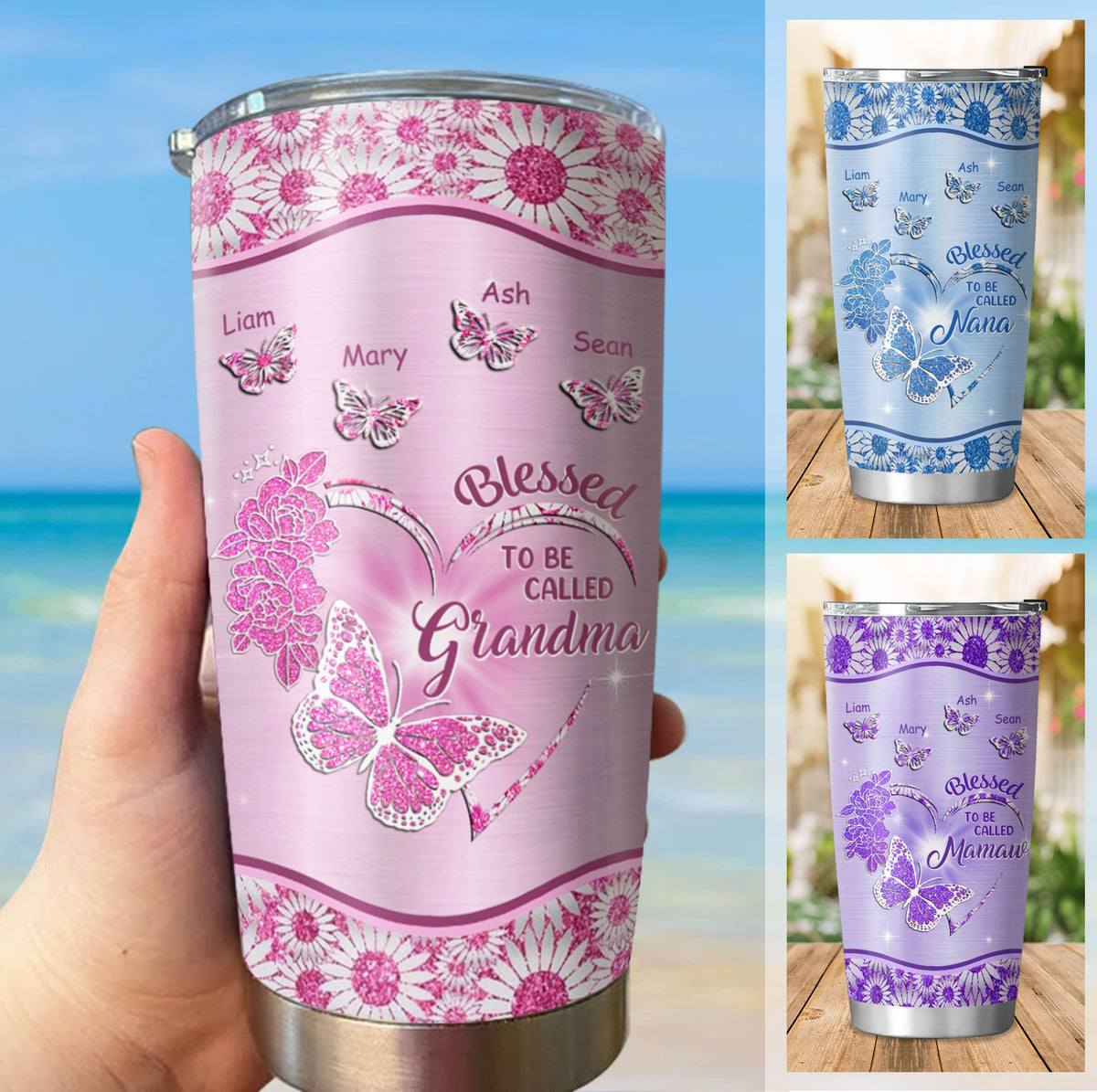 Blessed To Be Called Heart Butterfly Grandma Kids Names Personalized Tumbler 7 Colors 20oz