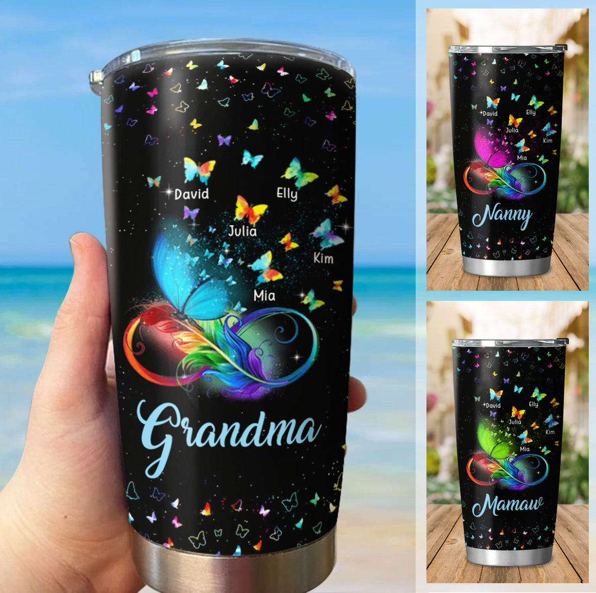 Rainbow Infinity Butterfly Grandma Kids Names Personalized Tumbler