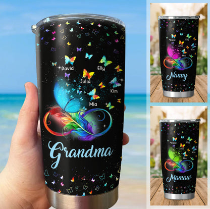 Rainbow Infinity Butterfly Grandma Kids Names Personalized Tumbler