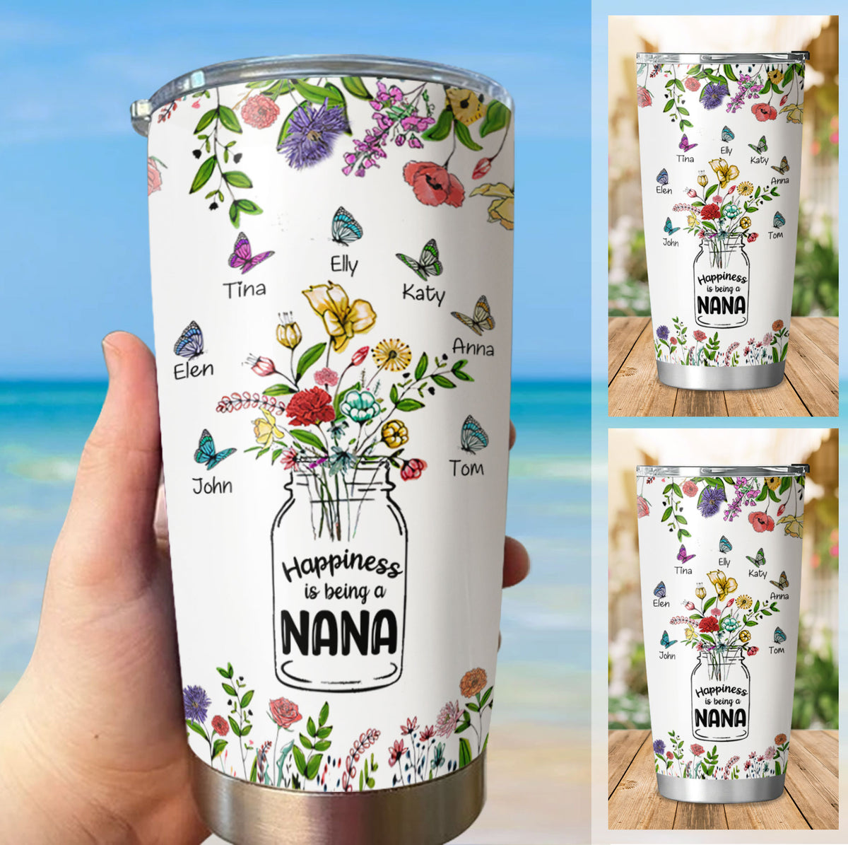 Personalized Flower Butterfly Happiness Is Being A Nana Tumbler