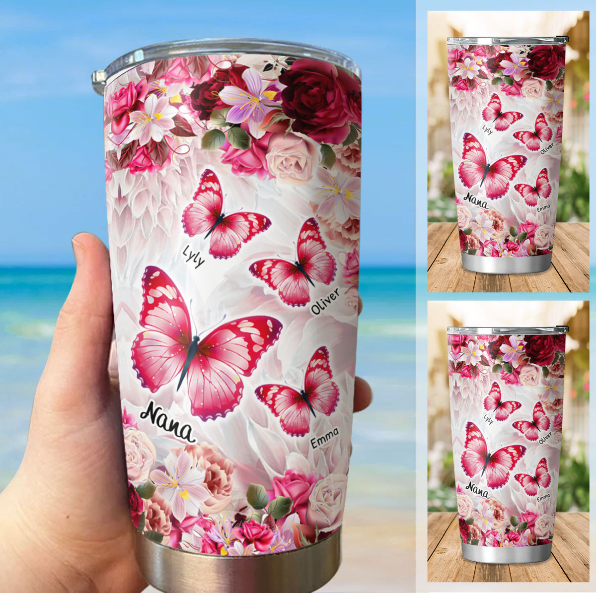 Pink Butterflies Floral Grandma Kids Names Personalized Tumbler