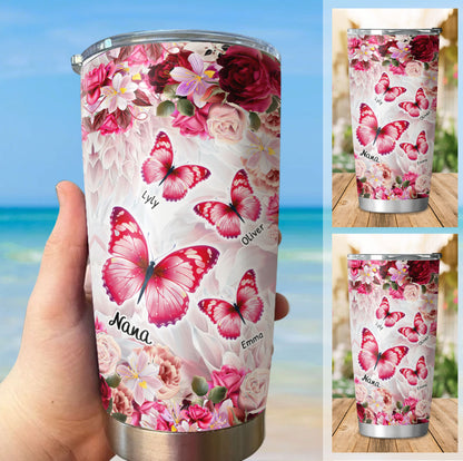 Pink Butterflies Floral Grandma Kids Names Personalized Tumbler