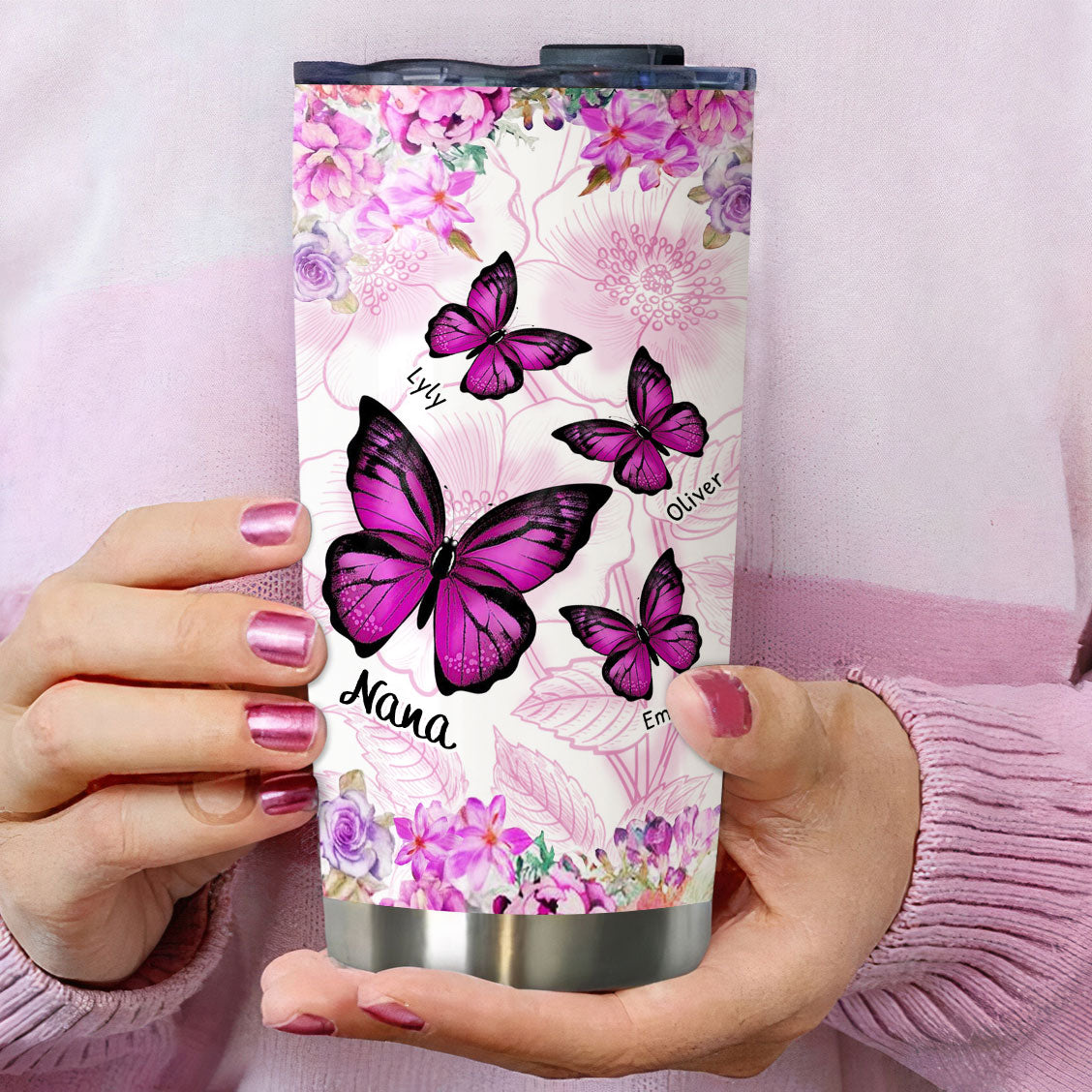 Flower Butterfly Grandma Nana Mimi Personalized Tumbler SC151109 - Drive mockup HP24HL19APR02