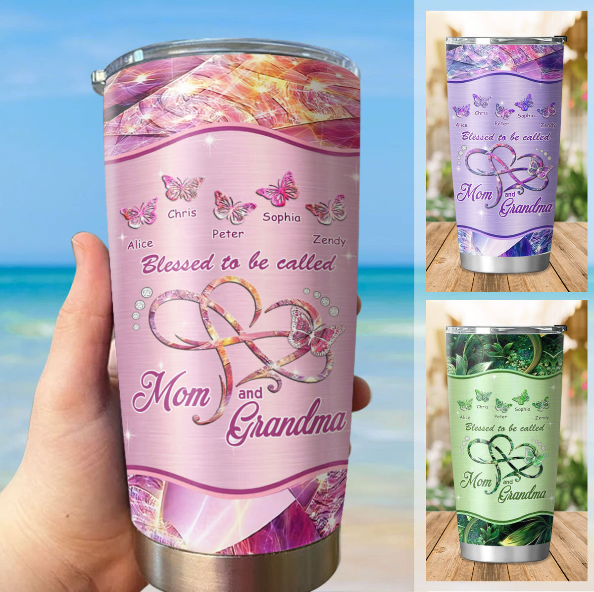 Blessed To Be Called Mom And Grandma Infinity Heart Butterflies Personalized Tumbler