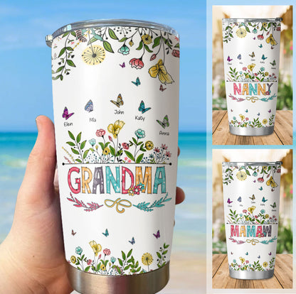 Flower Butterfly Grandma Nana Mimi Mom Auntie Personalized Tumbler