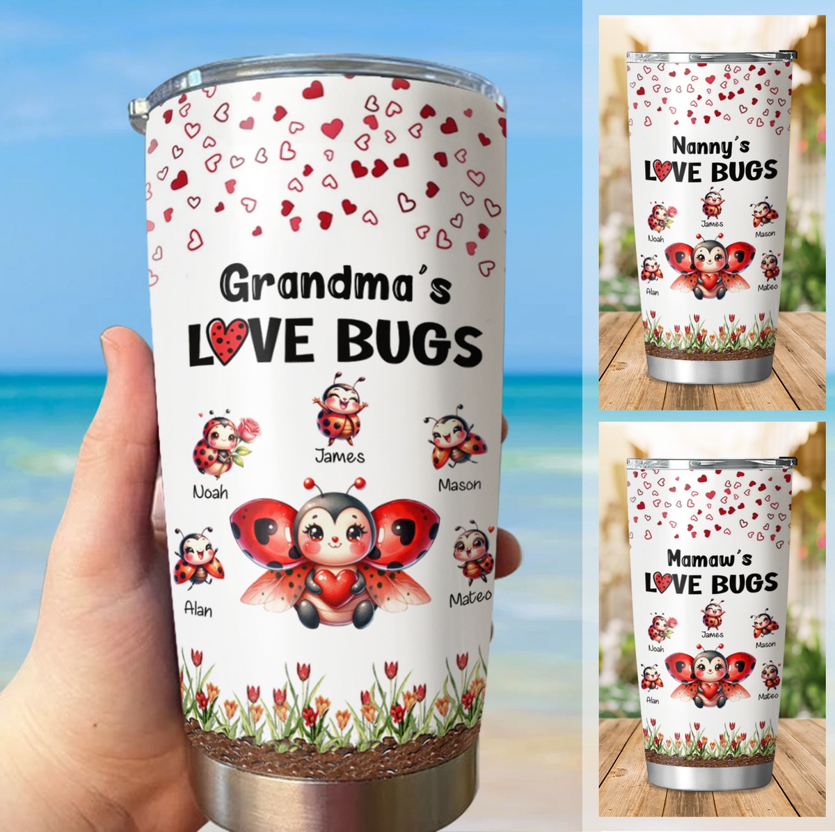 Grandma's Love Bugs Ladybug Kids Names Personalized Tumbler 20oz