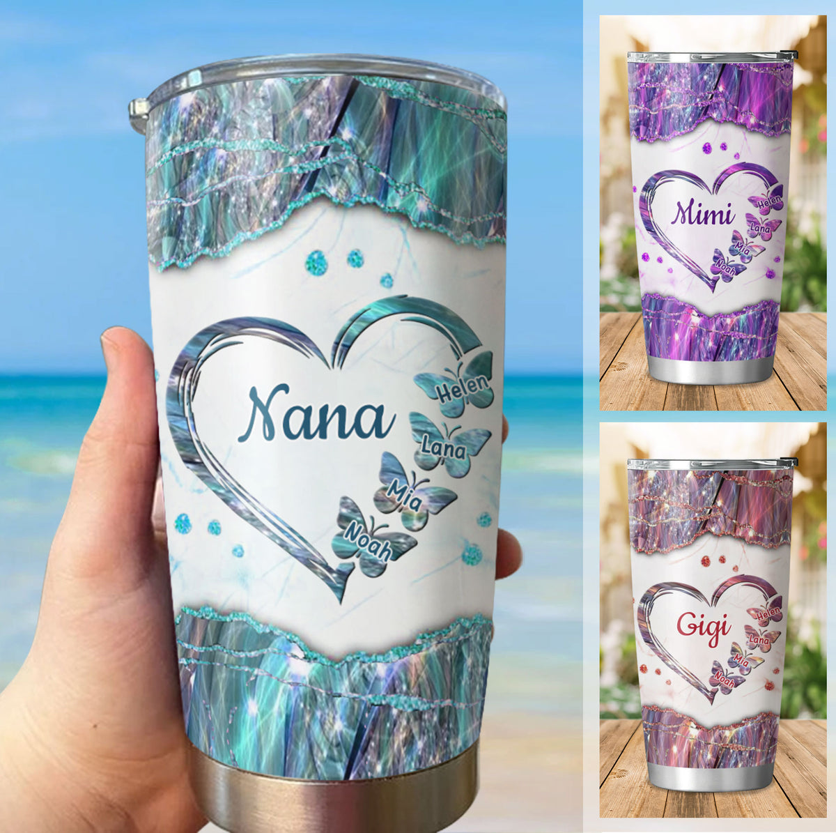 Marble Heart Butterfly Mom Grandma Nana Mimi Gigi Auntie Personalized Tumbler