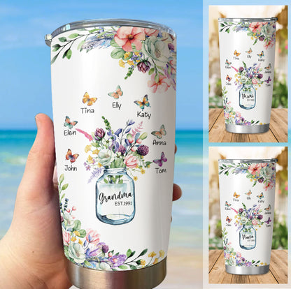 Wildflowers Mason Jar Grandma Est Year Kids Names Personalized Tumbler