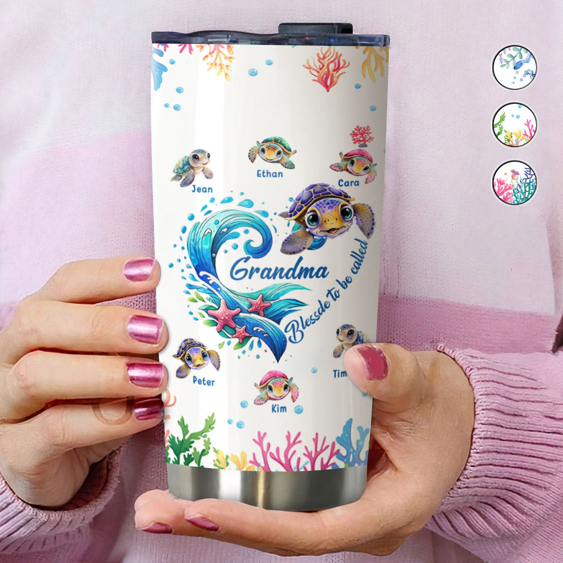 Sea Turtle Wave Heart Grandma Nickname Kids Names Personalized Tumbler 20oz
