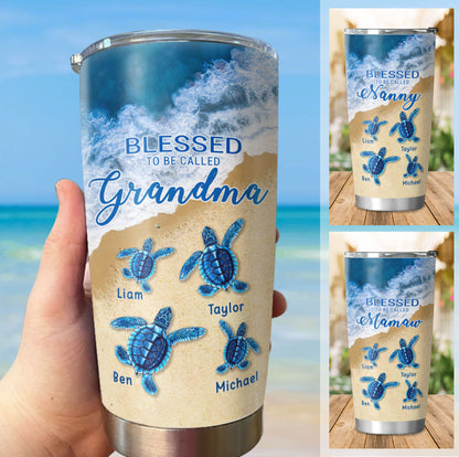 Sea Turtle Beach Happiness Is Being A Grandma Kids Names Personalized Tumbler 20oz