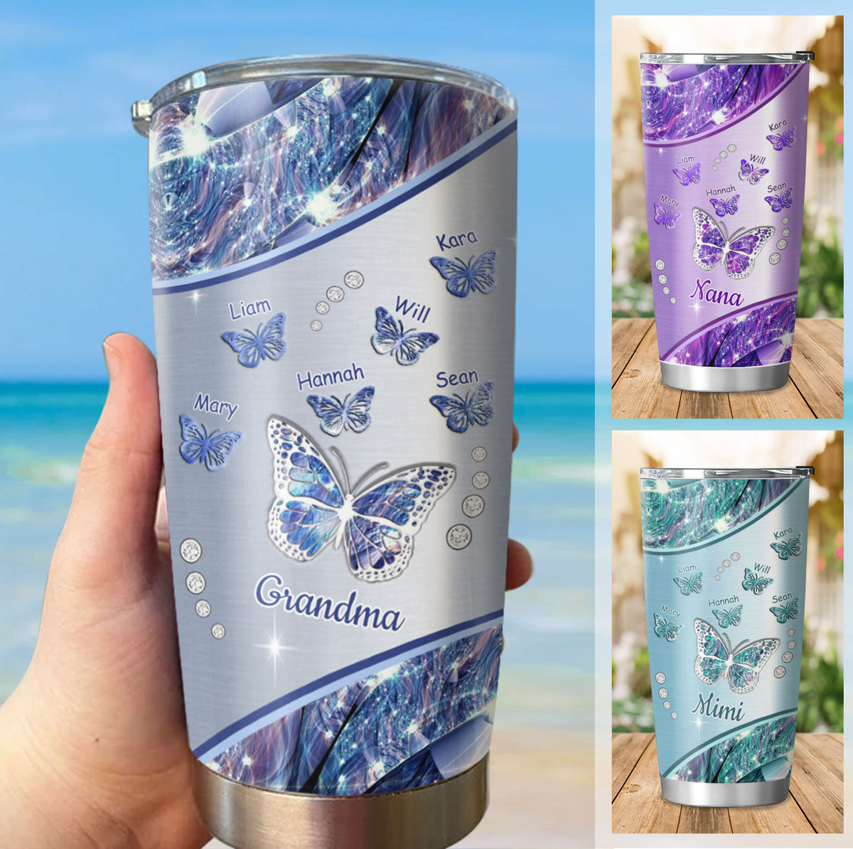 Jewel Butterfly Grandma Nickname Kids Names Personalized Tumbler 3 Colors 20oz