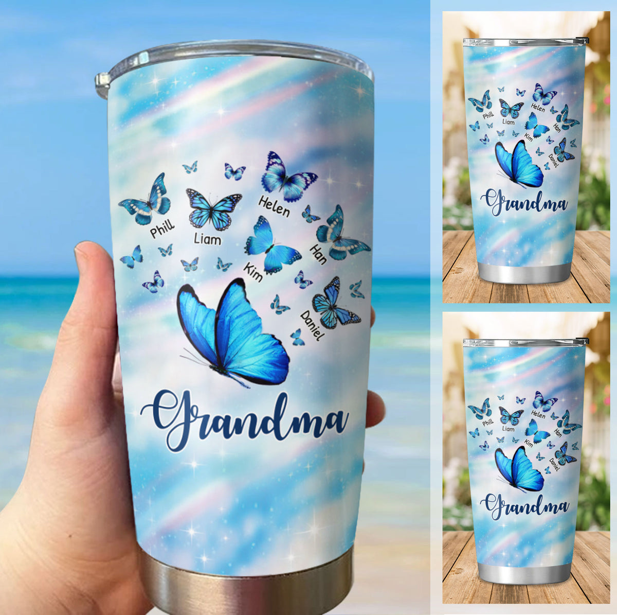 Blue Butterfly Grandma Nana Mimi Gigi Auntie Mom Personalized Tumbler