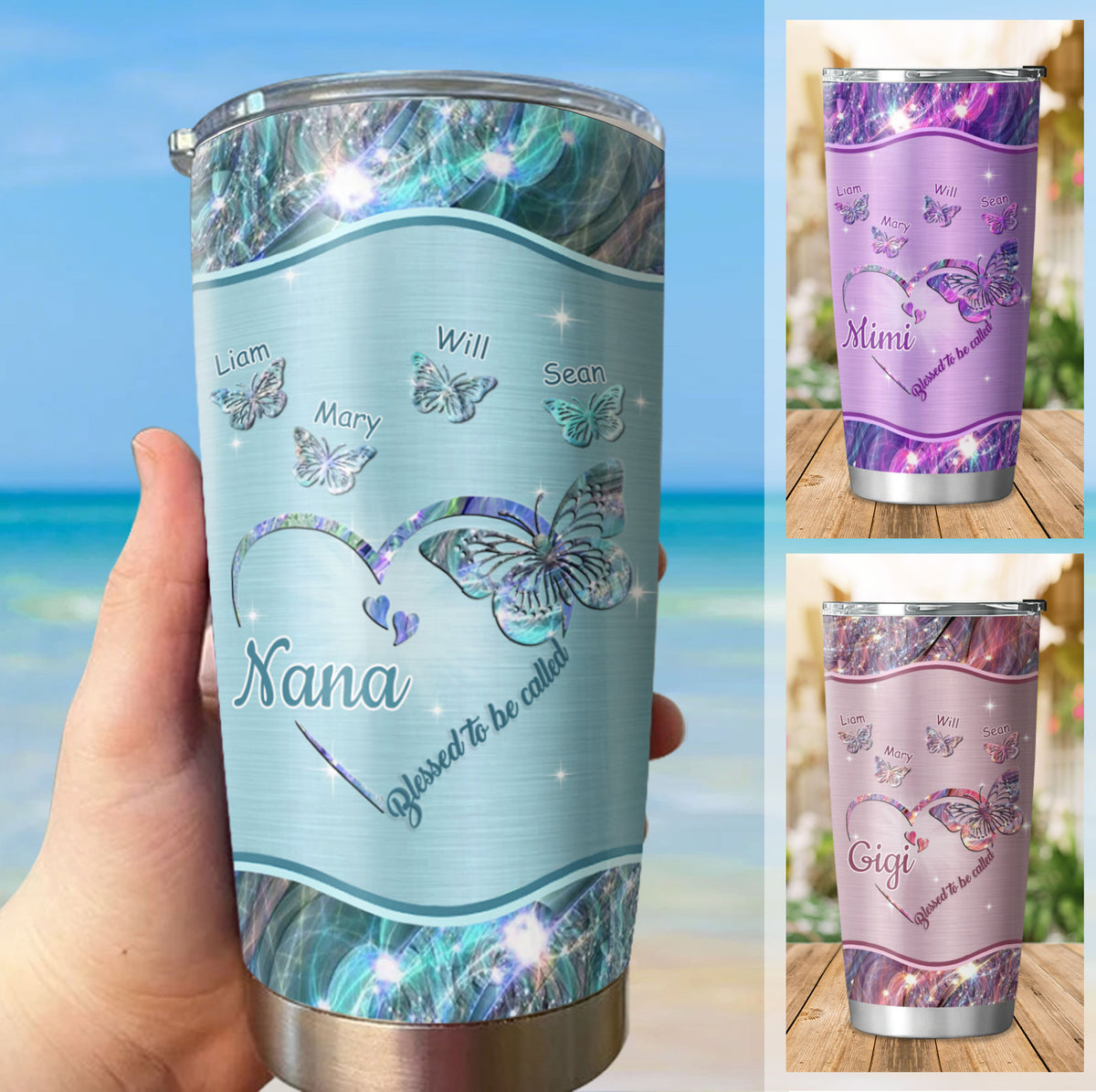 Butterfly Heart Blessed To Be Called Mom Grandma Nana Mimi Gigi Auntie Personalized Tumbler With Name On Back