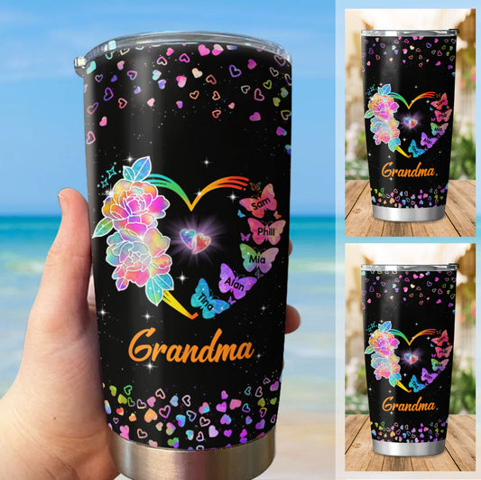 Flower Butterflies Heart Grandma Nana Mimi Kids Names Personalized Tumbler