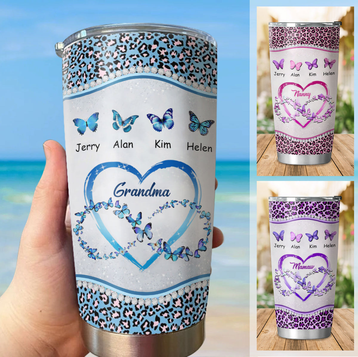 Butterflies Infinity Heart Grandma Leopard Kids Names Personalized Tumbler