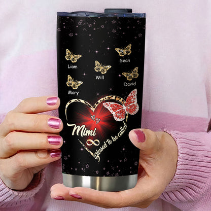 Leopard Heart Butterfly Blessed To Be Called Grandma Kids Names Personalized Tumbler Black 20oz