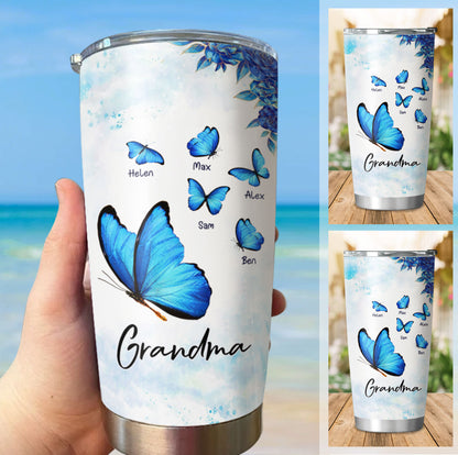 Big Blue Butterfly Grandma Kids Names Personalized Tumbler 20oz