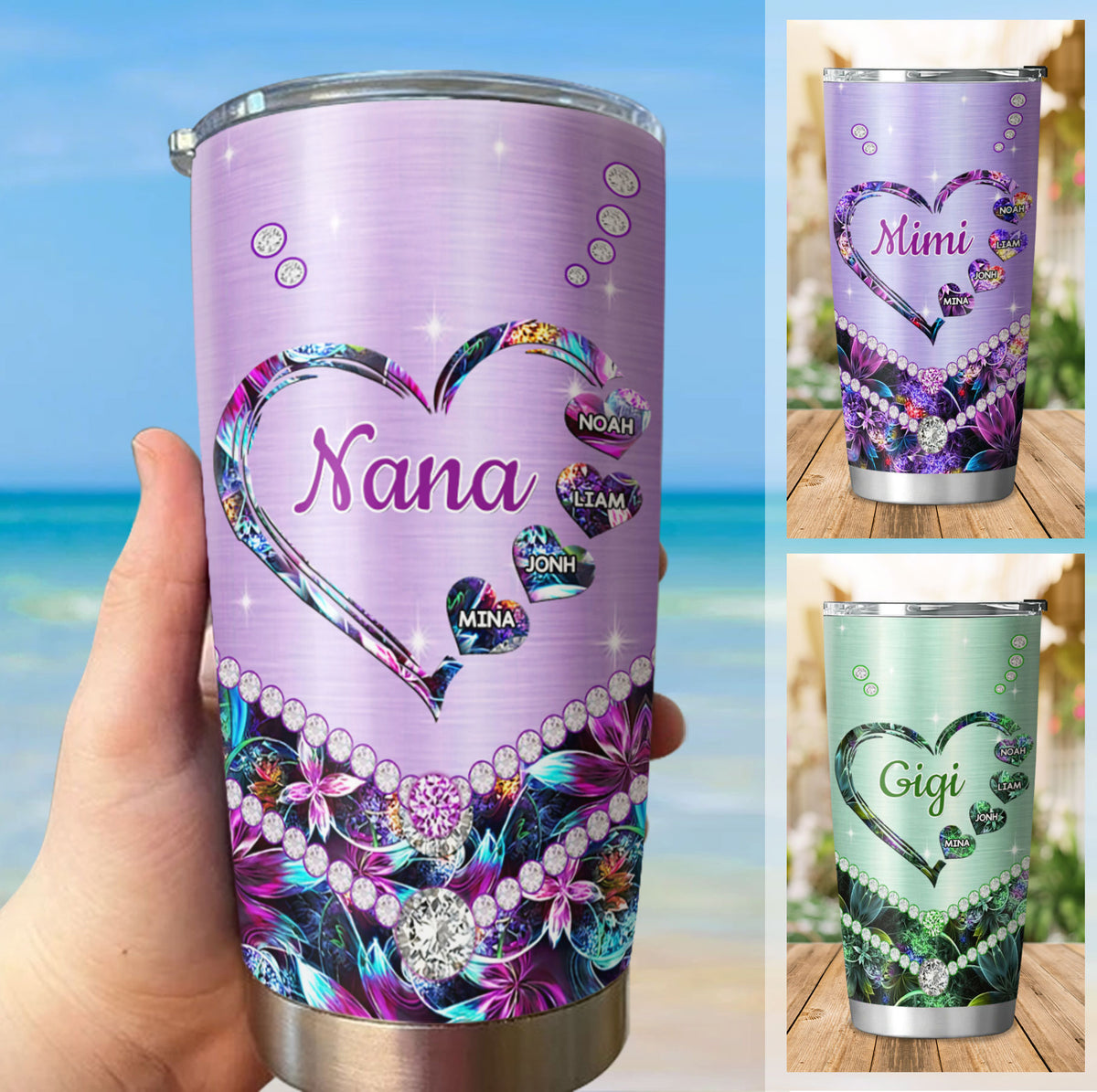 Jewel Heart Grandma Nickname Kids Names Personalized Tumbler 20oz