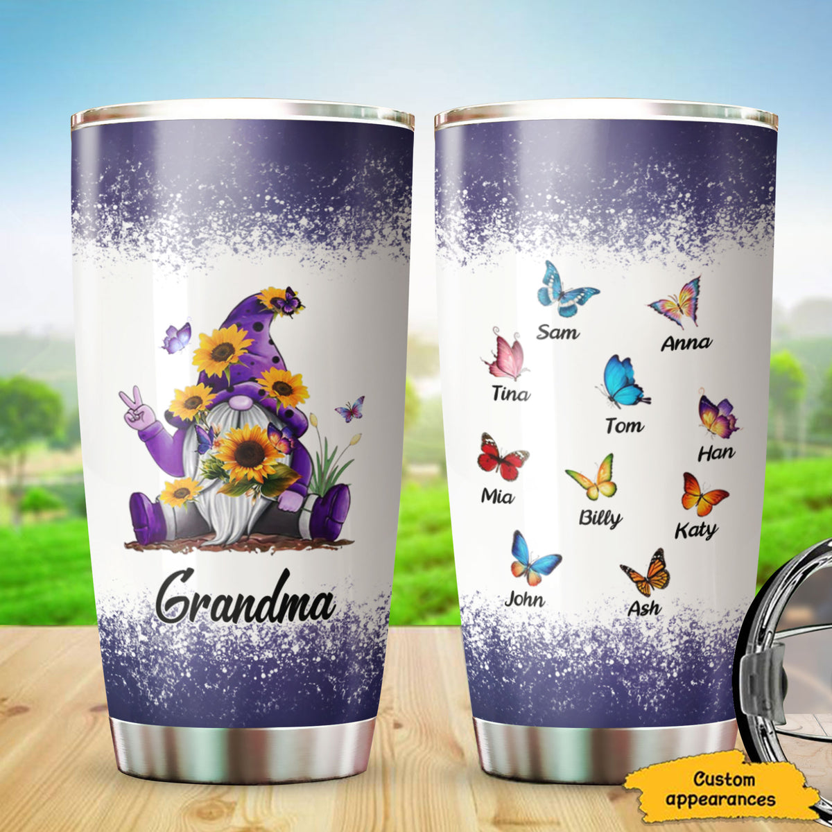 Gnome Grandma Butterflies Kids Names Personalized Tumbler