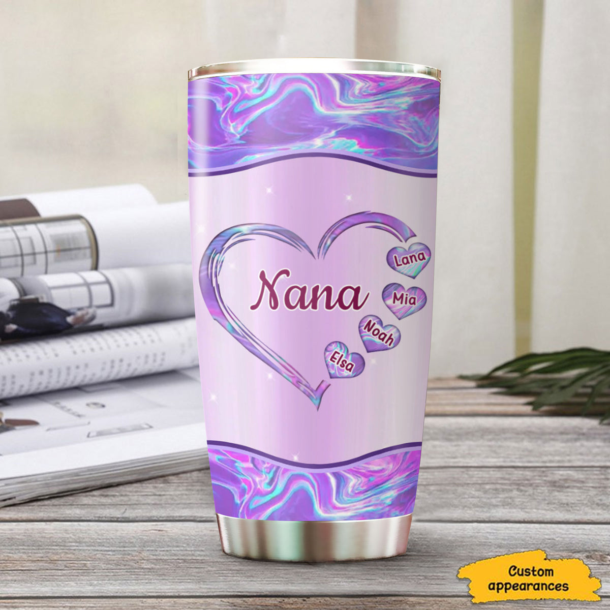 Holographic Heart Grandma Nana Mimi Kids Names Personalized Tumbler