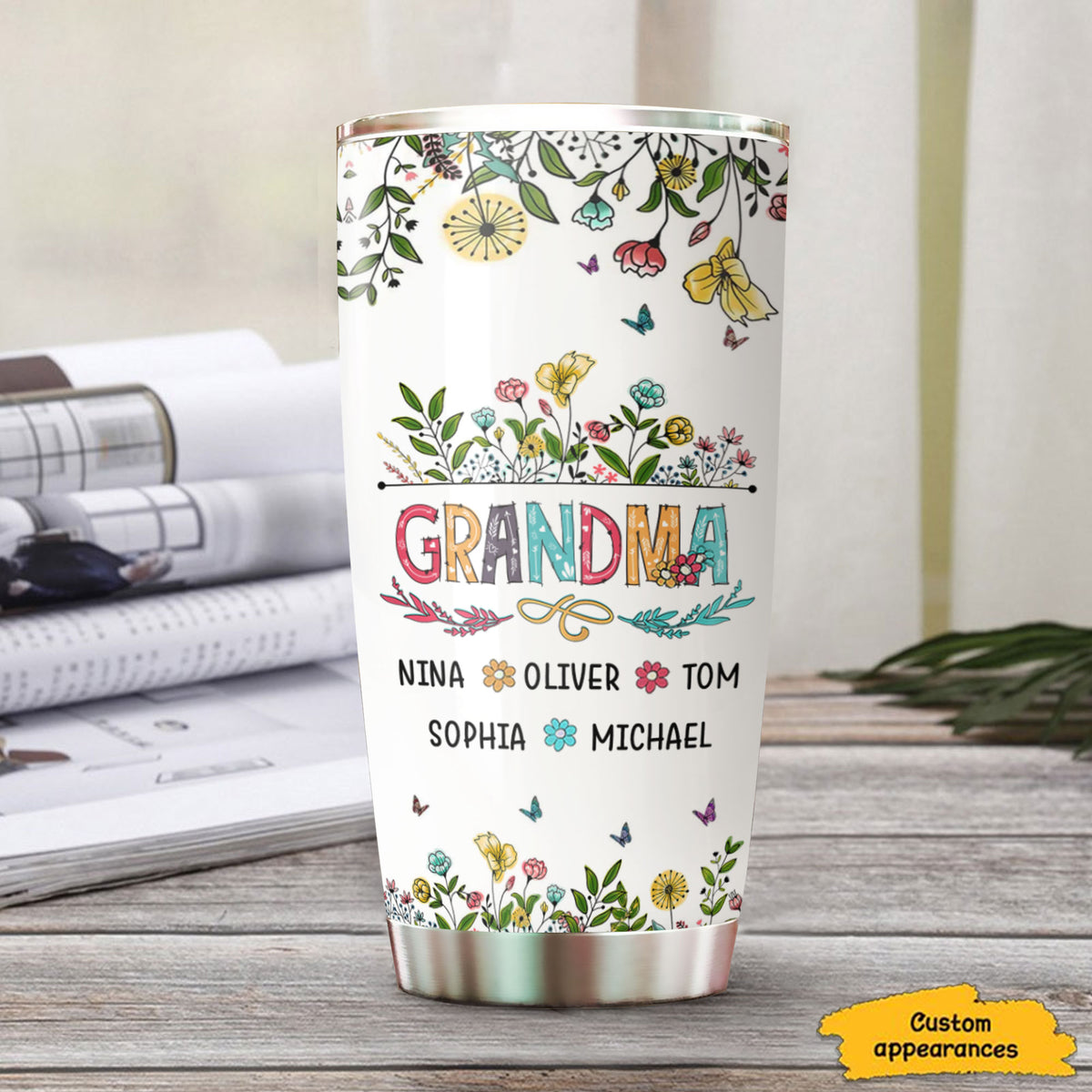 Floral Grandma Grandkids Flowers Personalized Tumbler