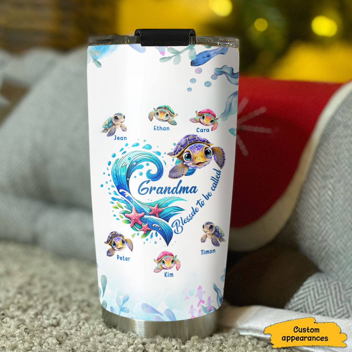 Sea Turtle Wave Heart Grandma Nickname Kids Names Personalized Tumbler 20oz