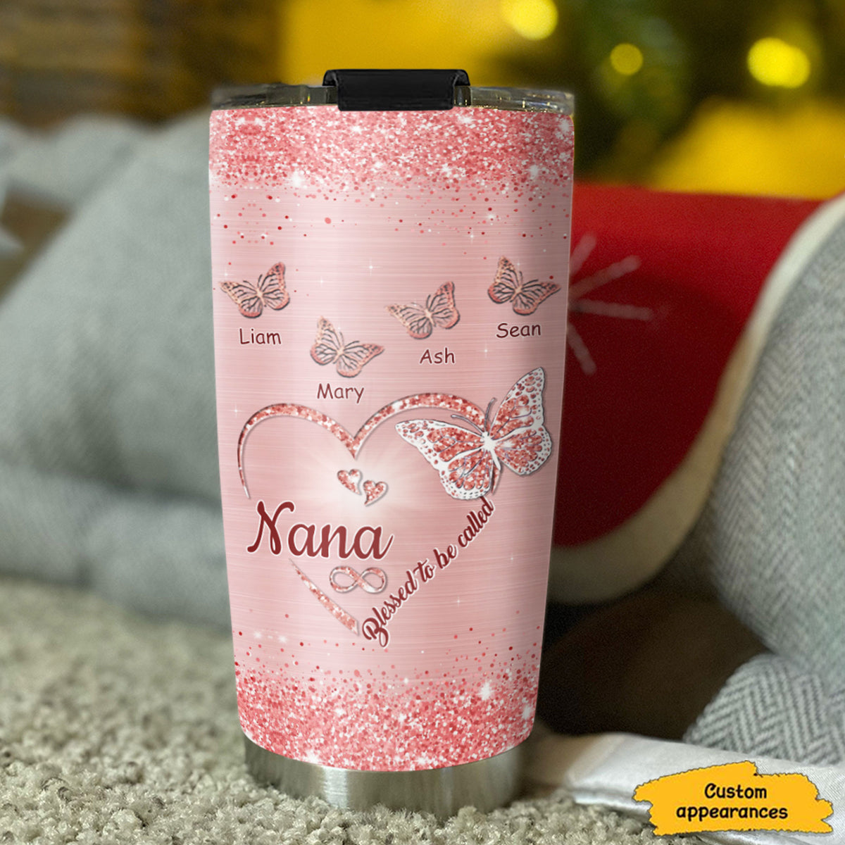 Glitter Heart Butterfly Blessed To Be Called Grandma Kids Names Personalized Tumbler 4 Colors 20oz