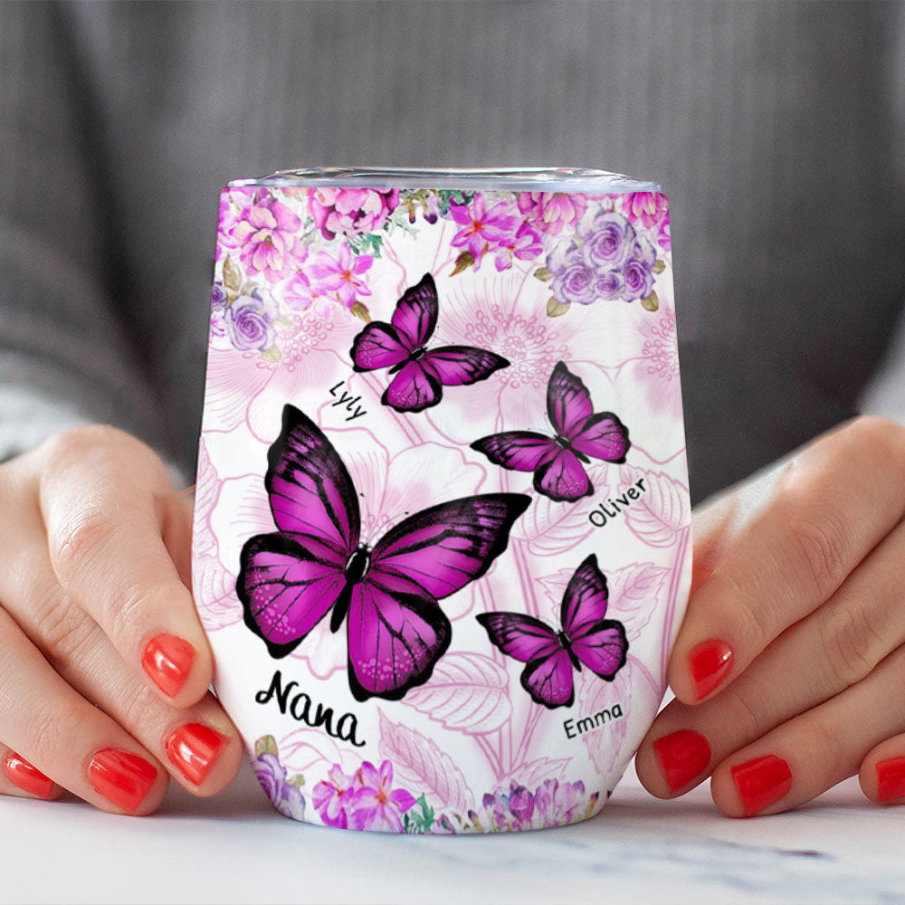 Pink Butterflies Grandma with Grandkids Personalized Wine Tumbler