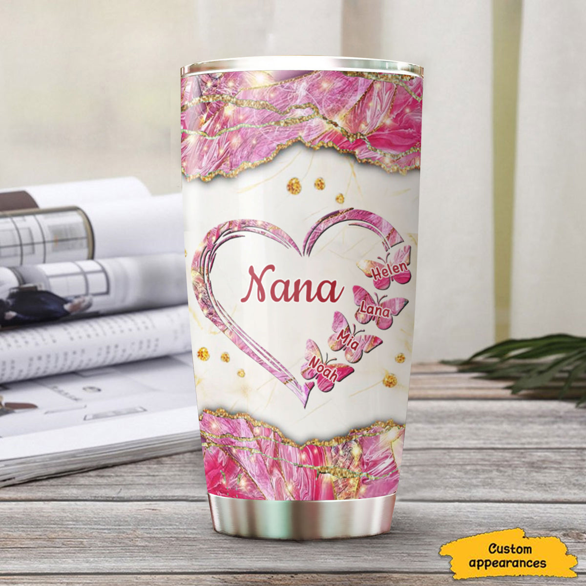 Marble Heart Butterfly Mom Grandma Nana Mimi Gigi Auntie Personalized Tumbler