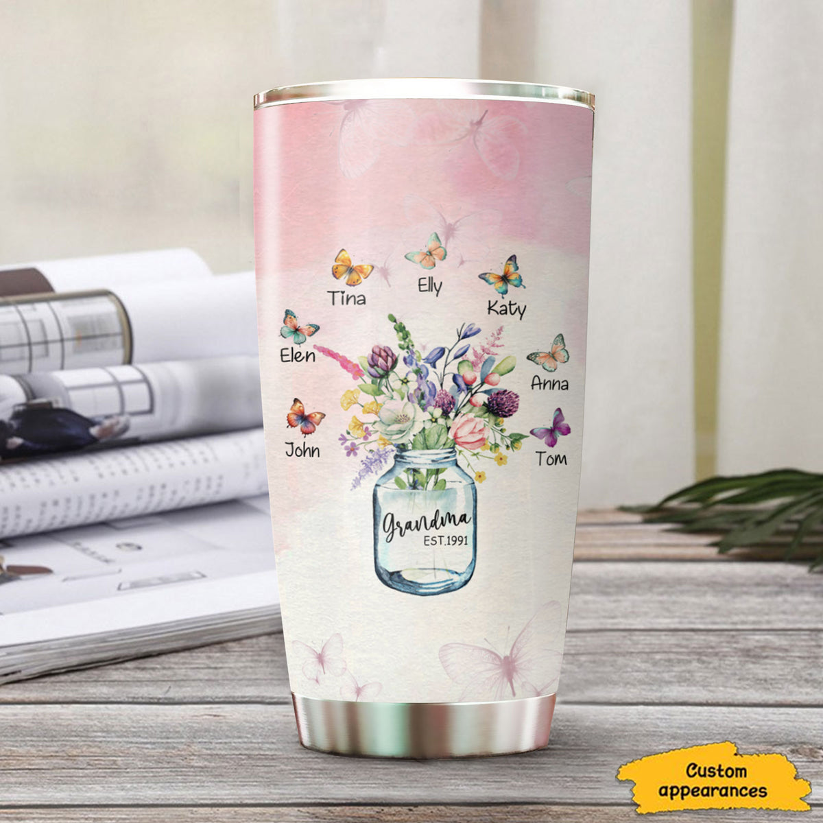 Wildflowers Mason Jar Grandma Est Year Kids Names Personalized Tumbler