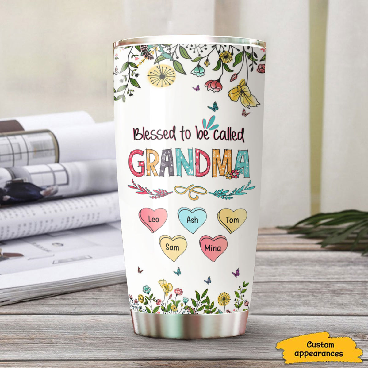 Blessed To Be Called Grandma Hearts Floral Personalized Tumbler