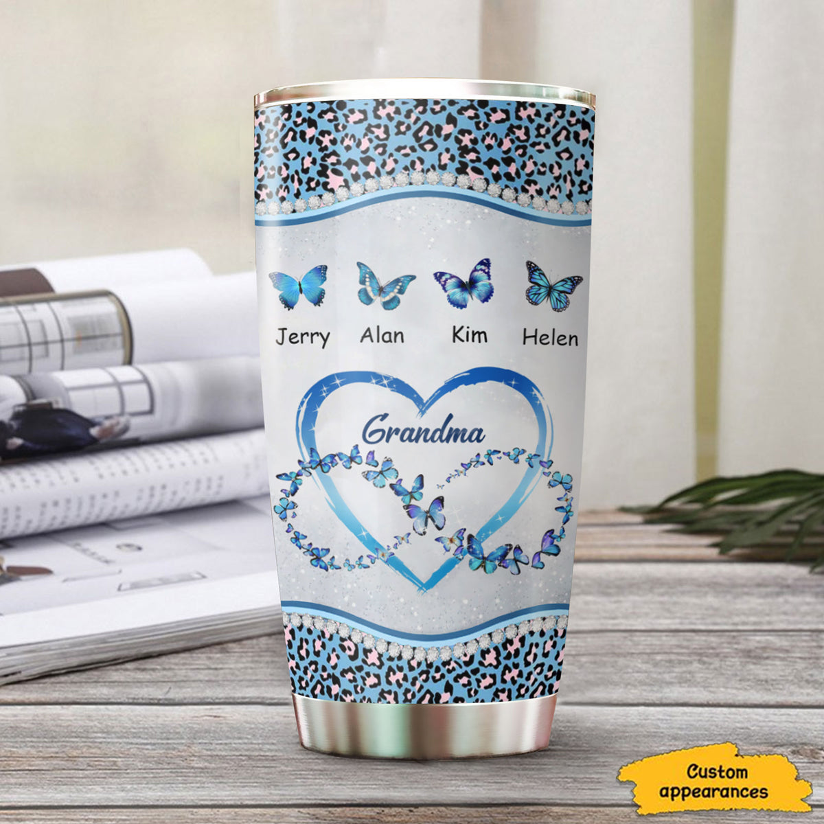 Butterflies Infinity Heart Grandma Leopard Kids Names Personalized Tumbler
