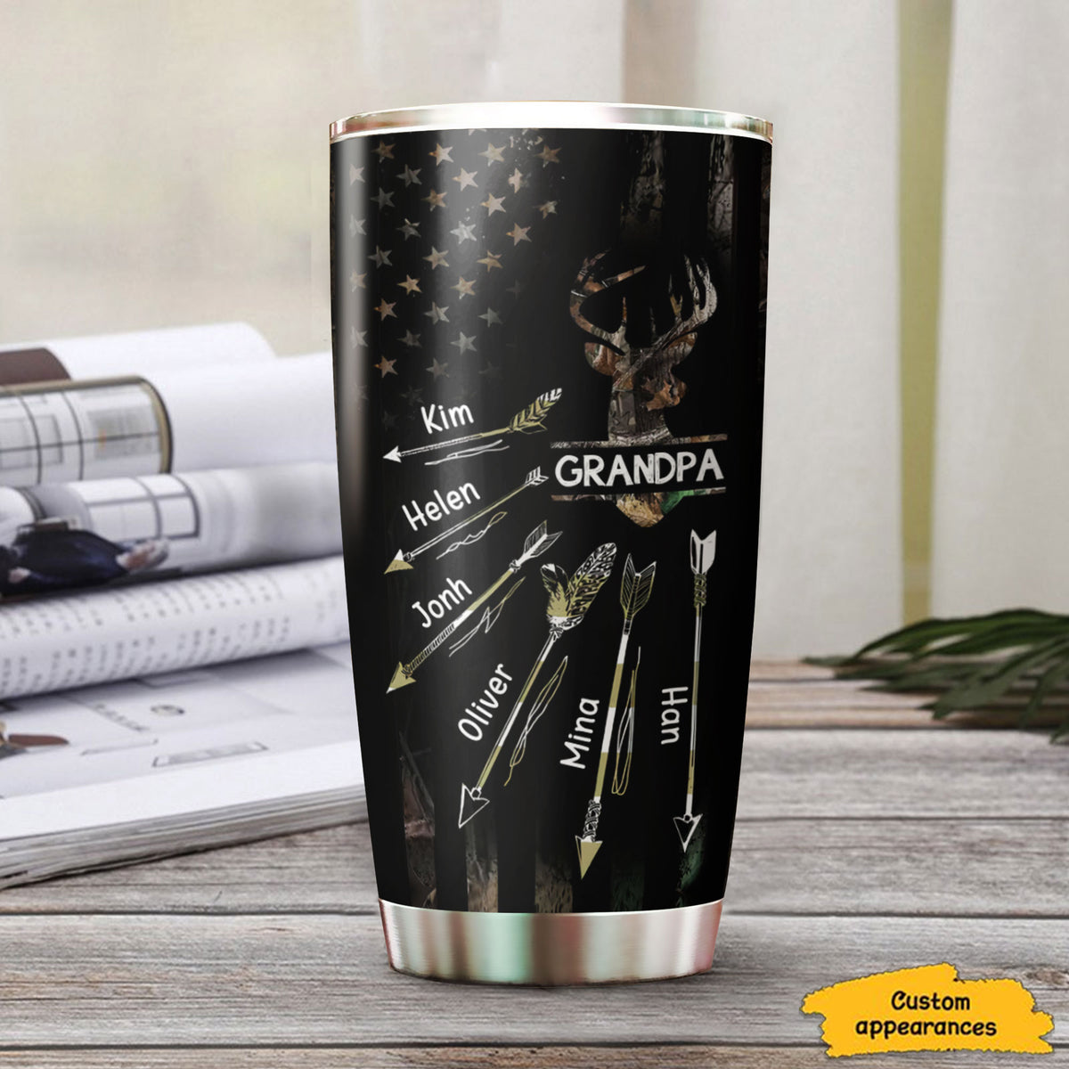 Deer Hunting Grandpa Arrows Kids Names American Flag Personalized Tumbler