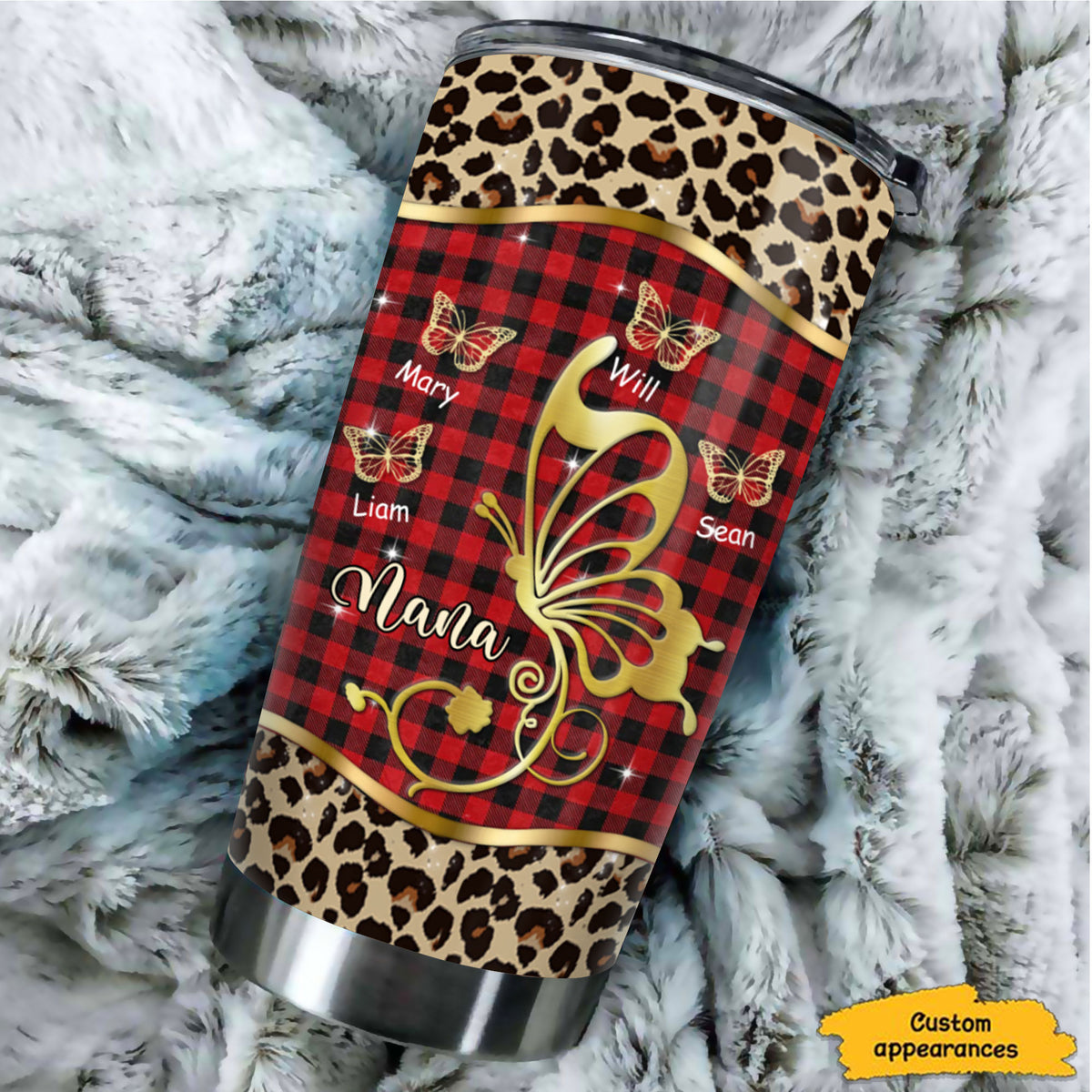Butterfly Grandma Kids Names Purple Hologram Or Leopard Plaid Personalized Tumbler