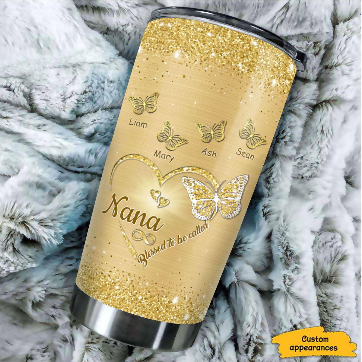 Glitter Heart Butterfly Blessed To Be Called Grandma Kids Names Personalized Tumbler 4 Colors 20oz