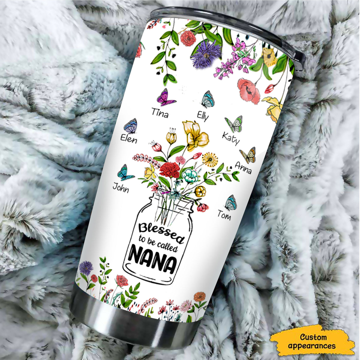 Personalized Flower Butterfly Happiness Is Being A Nana Tumbler