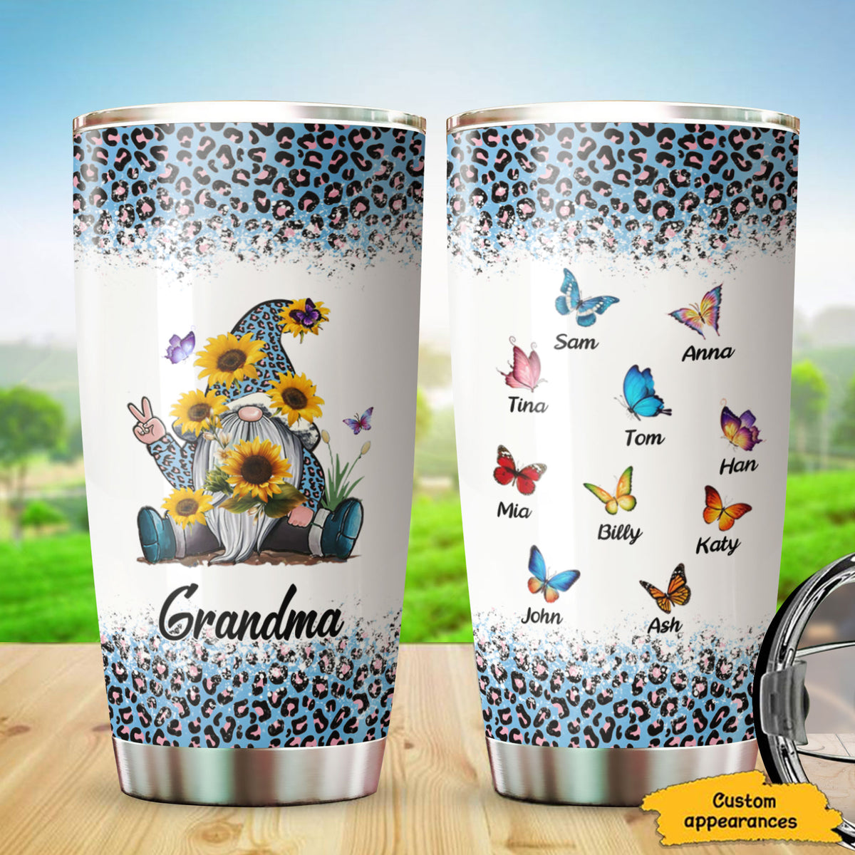 Gnome Grandma Butterflies Kids Names Personalized Tumbler