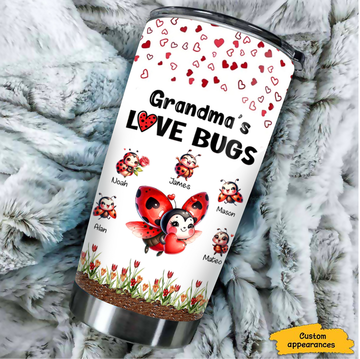 Grandma's Love Bugs Ladybug Kids Names Personalized Tumbler 20oz