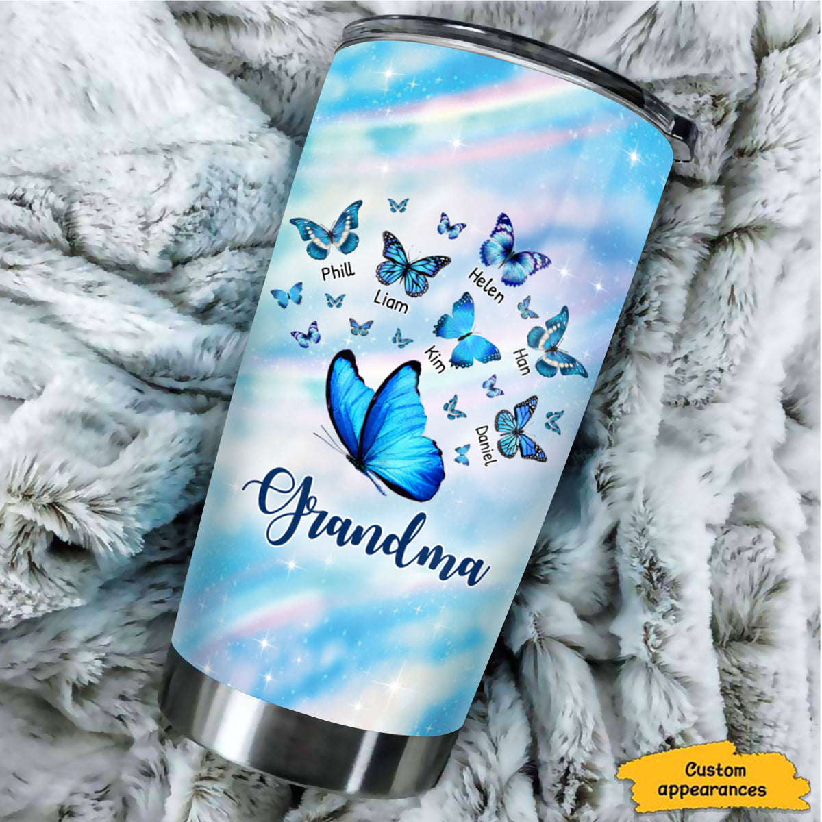 Blue Butterfly Grandma Nana Mimi Gigi Auntie Mom Personalized Tumbler
