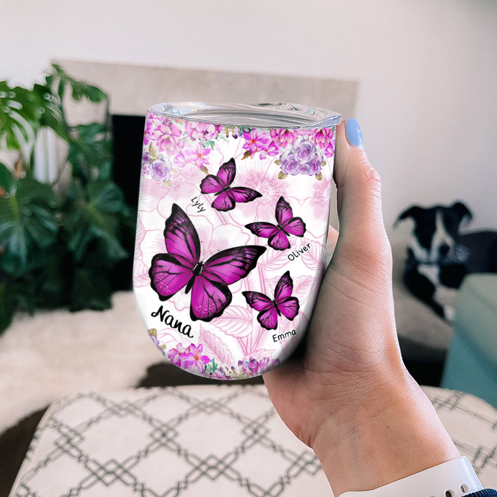 Pink Butterflies Grandma with Grandkids Personalized Wine Tumbler